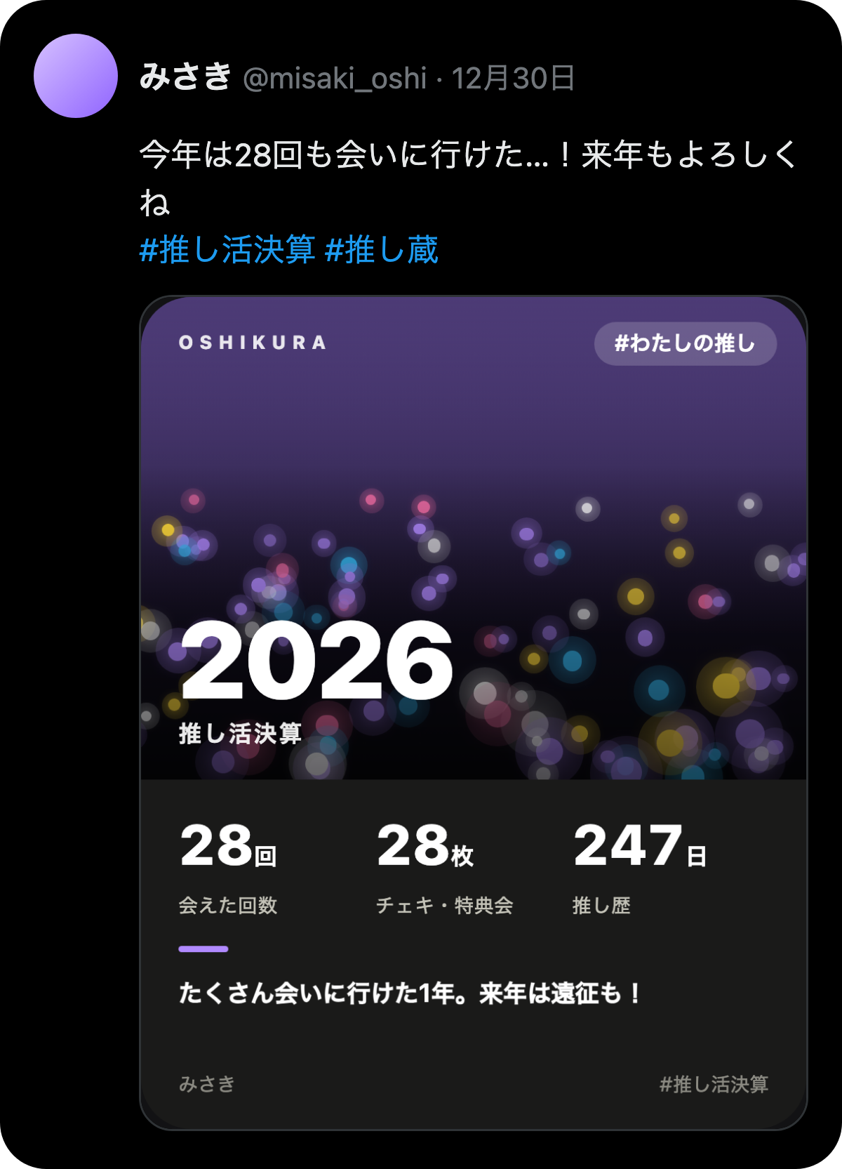 決算カードをSNSに投稿したときの見え方。推しの写真、会えた回数、チェキの枚数、推し歴、今年の一言が1枚にまとまっている